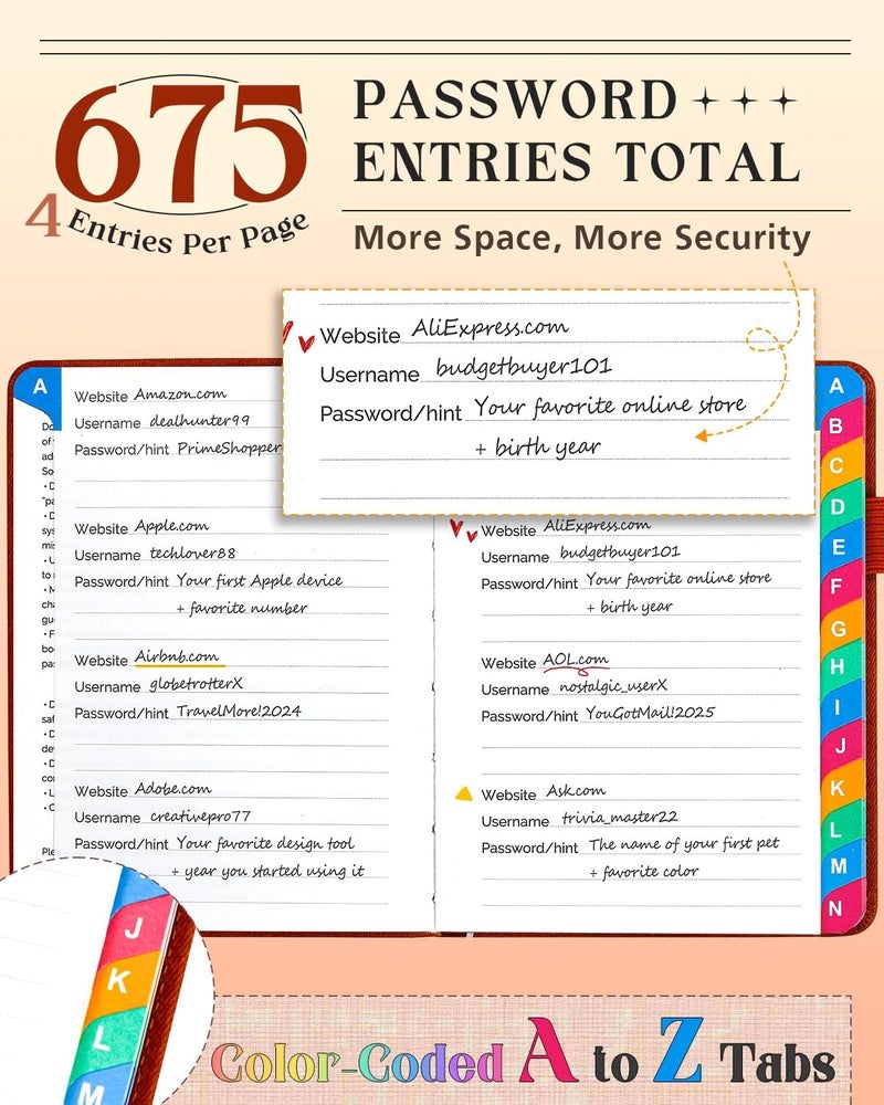 hi!SCI Password Keeper Book with Colorful Alphabetical Tabs, Small Pocket Password Logbook for Seniors, 4.7 x 6.2" Internet Website Address Organizer, Stores 675 Passwords (Sienna) - Image 2